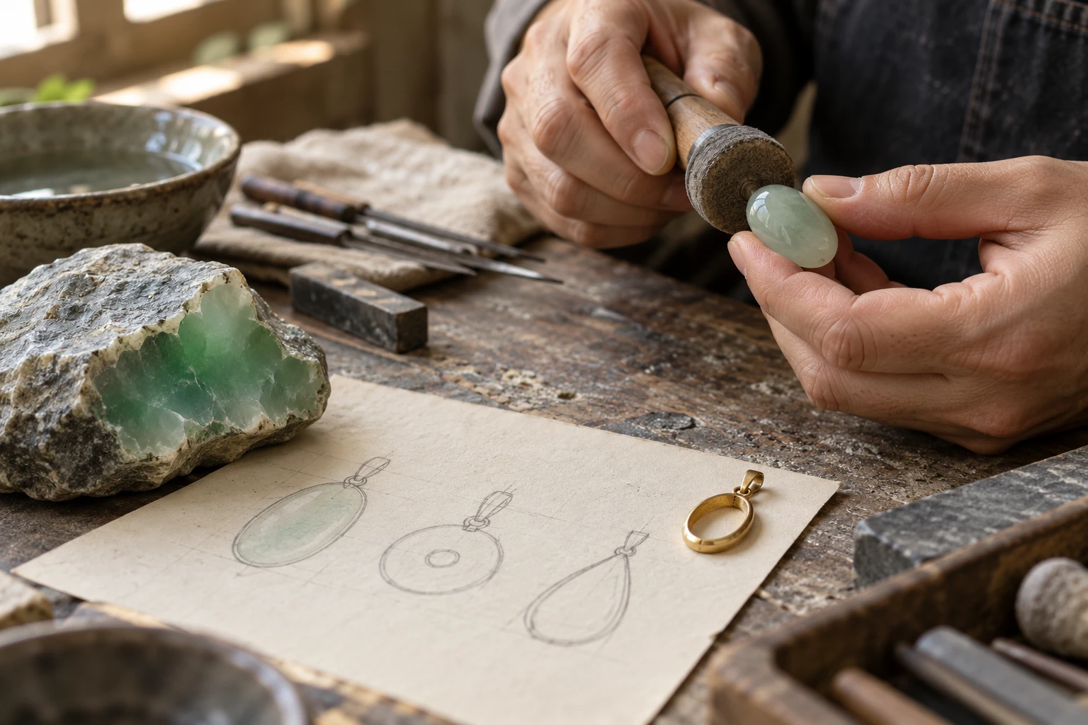 Jade design sketches and a polished jade cabochon