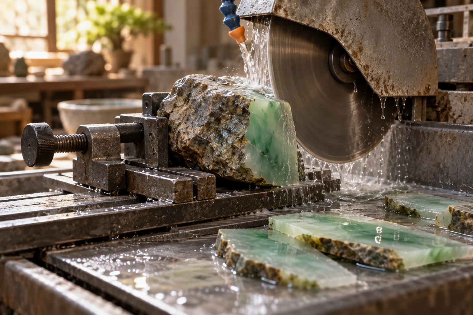 Wet lapidary saw cutting a securely clamped jade block