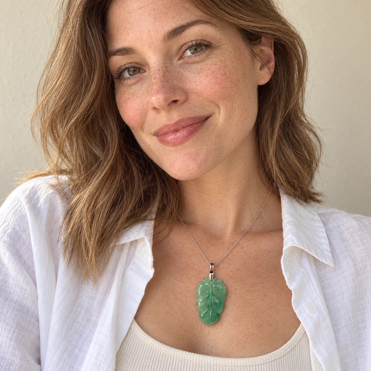 Styling reference of a jade leaf pendant on an American model