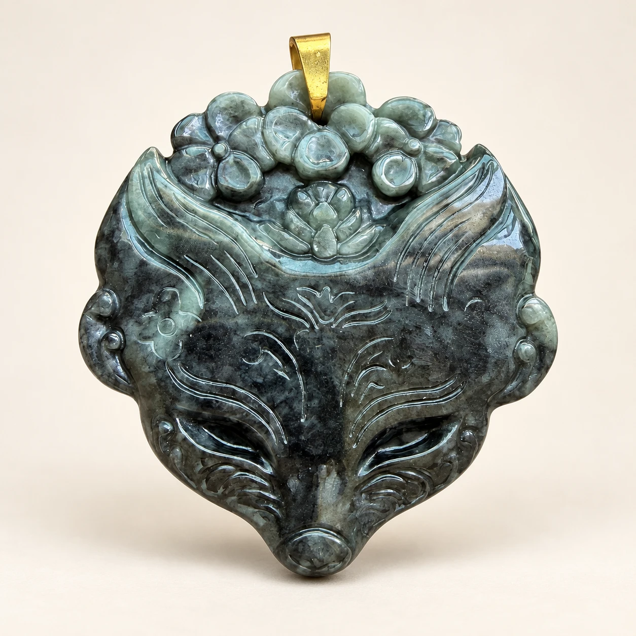 Carved Fox Jade Pendant — studio background edit of supplied product photo