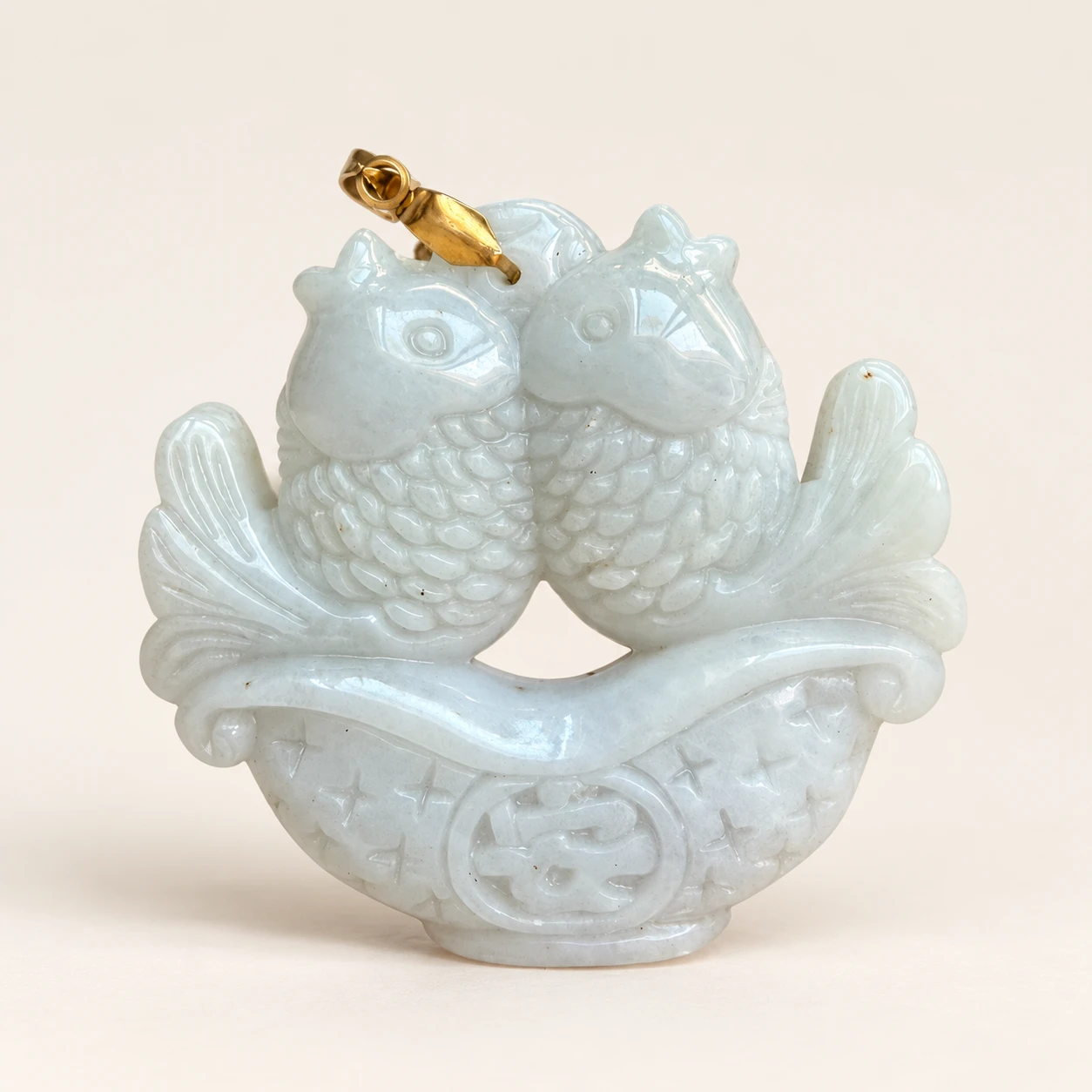 Twin Fish Jade Pendant — studio background edit of supplied product photo