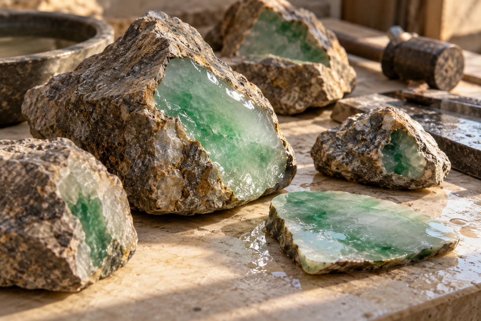 Selected rough jade stones with green interiors